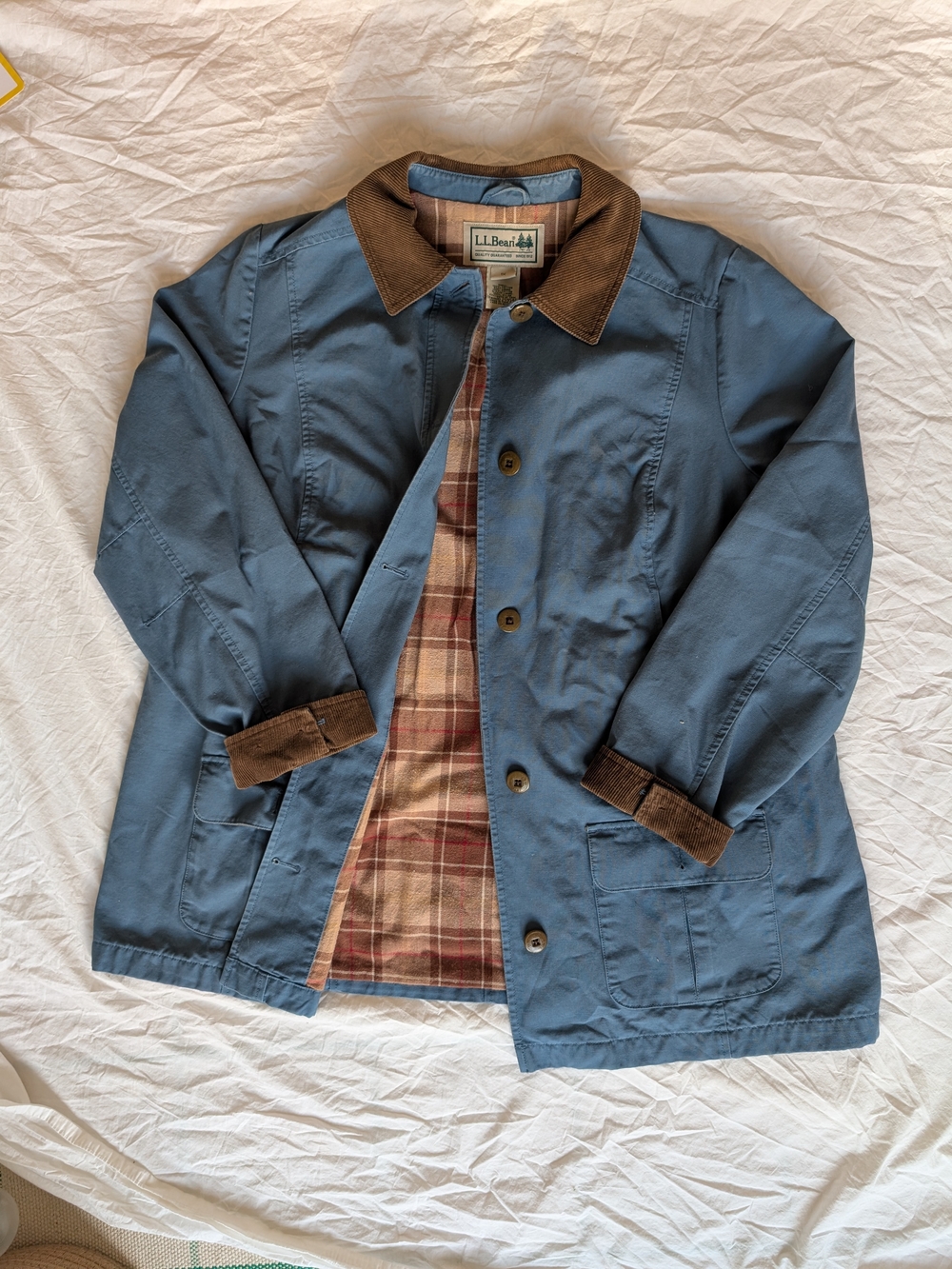 L.L.Bean Blue Cotton Barn Coat Plaid Lined with Brown Corduroy Collar